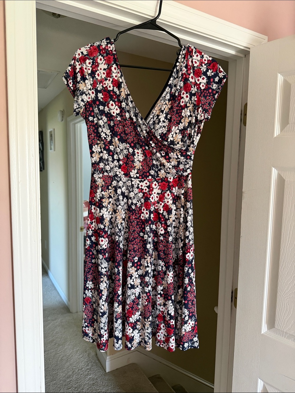 Kaileigh Navy, Red & Cream Floral V-Neck Fit-and-Flare Dress